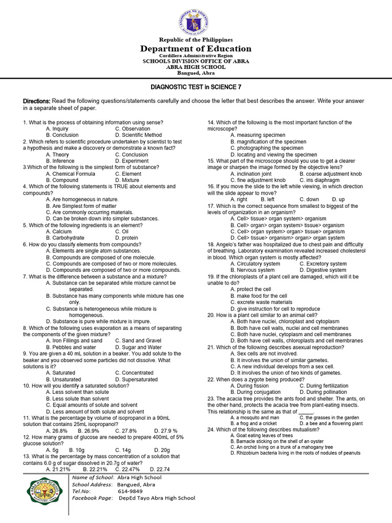 Diagnostic Test in Science 7 PDF Sound Waves