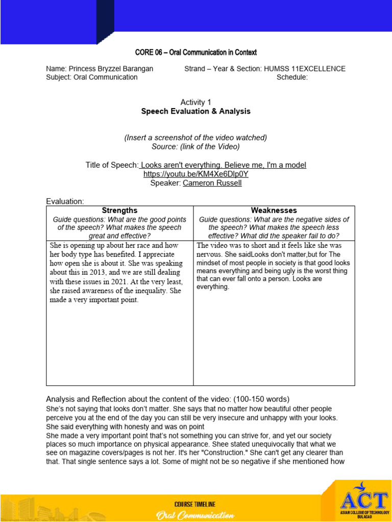 Activity 1 - Speech Evaluation | PDF