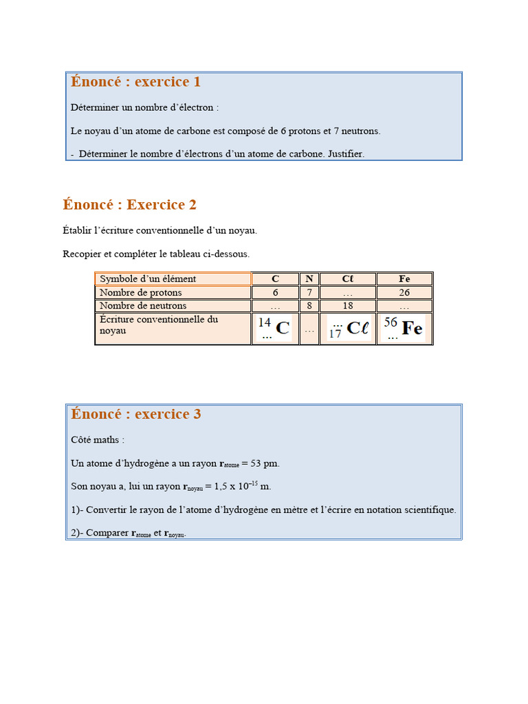 Exercices sur atomes et ions 3ème | PDF | Ion | Atomes
