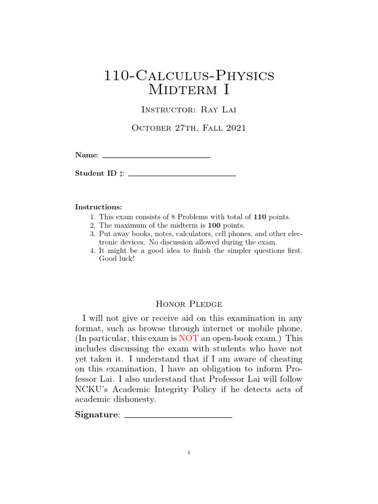 Calculus-Physics Midterm Exam Guide | PDF