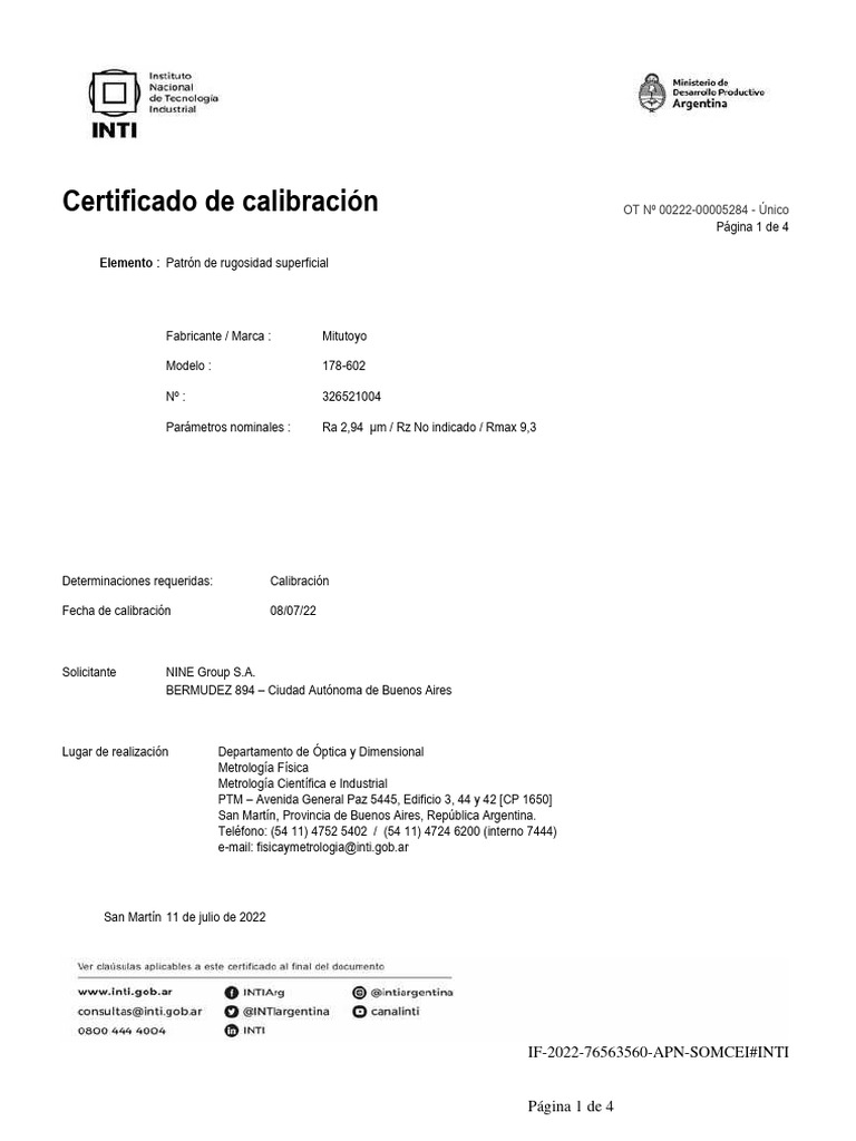 Certificado Patron de Rugosidad Julio 2022 | PDF | Calibración | Metrología