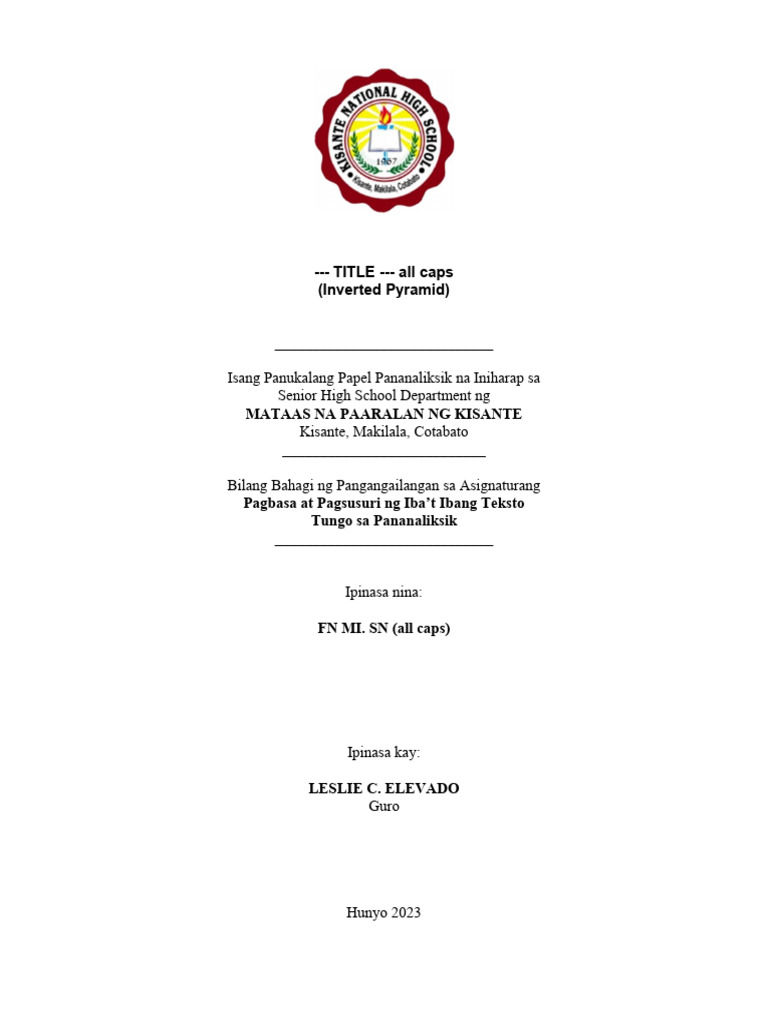 Pananaliksik Cover Page PDF