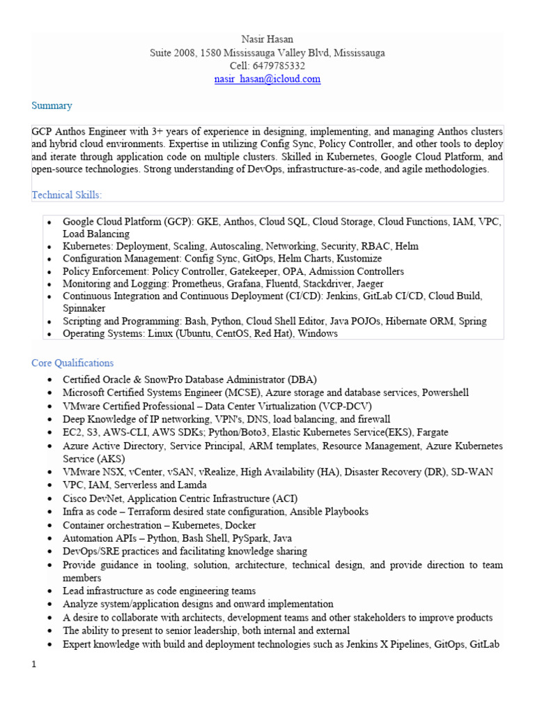 GCP Anthos Engineer Resume Overview | PDF