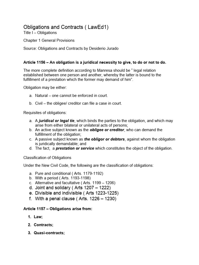 Overview of Obligations and Contracts | PDF | Law Of Obligations ...