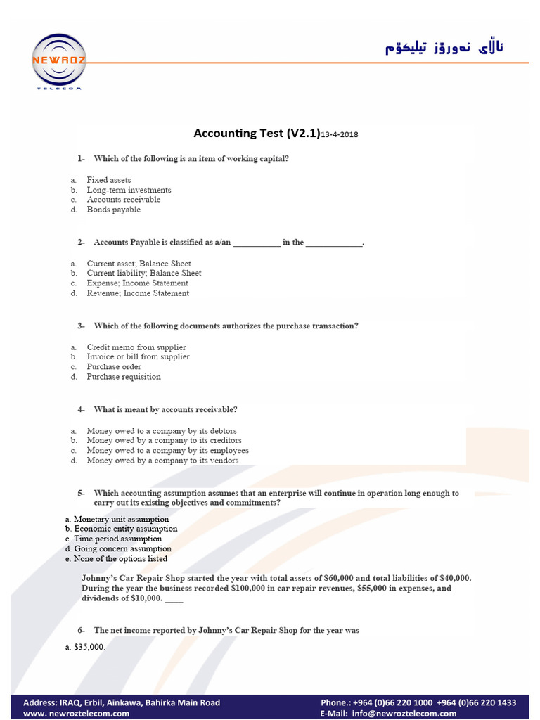 Accounting Test Questions and Answers | PDF | Depreciation | Expense
