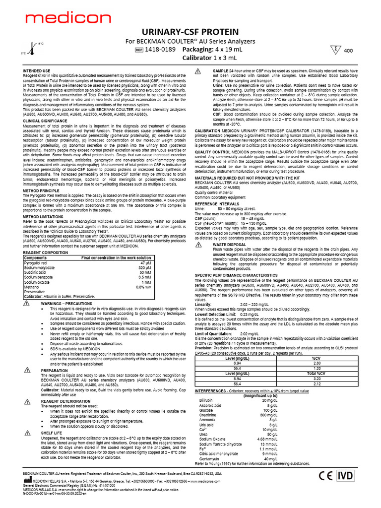 Ifu 1418 0189 Urinary CSF Protein | PDF | Urine | Medical Specialties