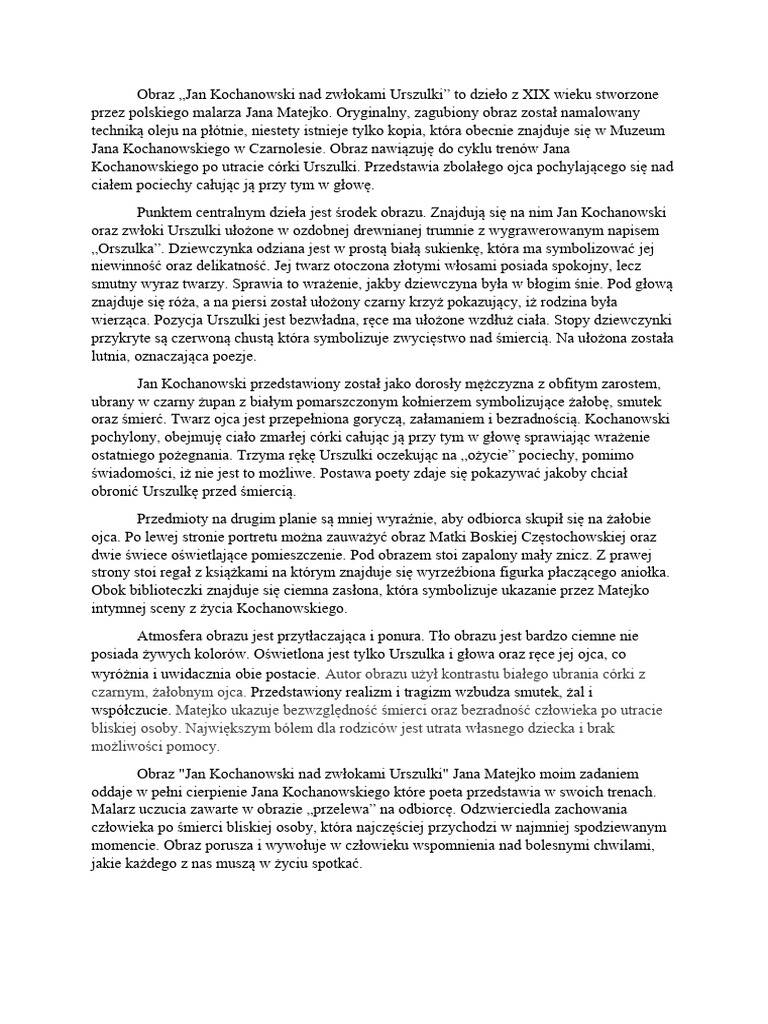 Opisz Obraz Jana Matejki Kochanowski Nad Zwłokami Urszulki Wykorzystaj