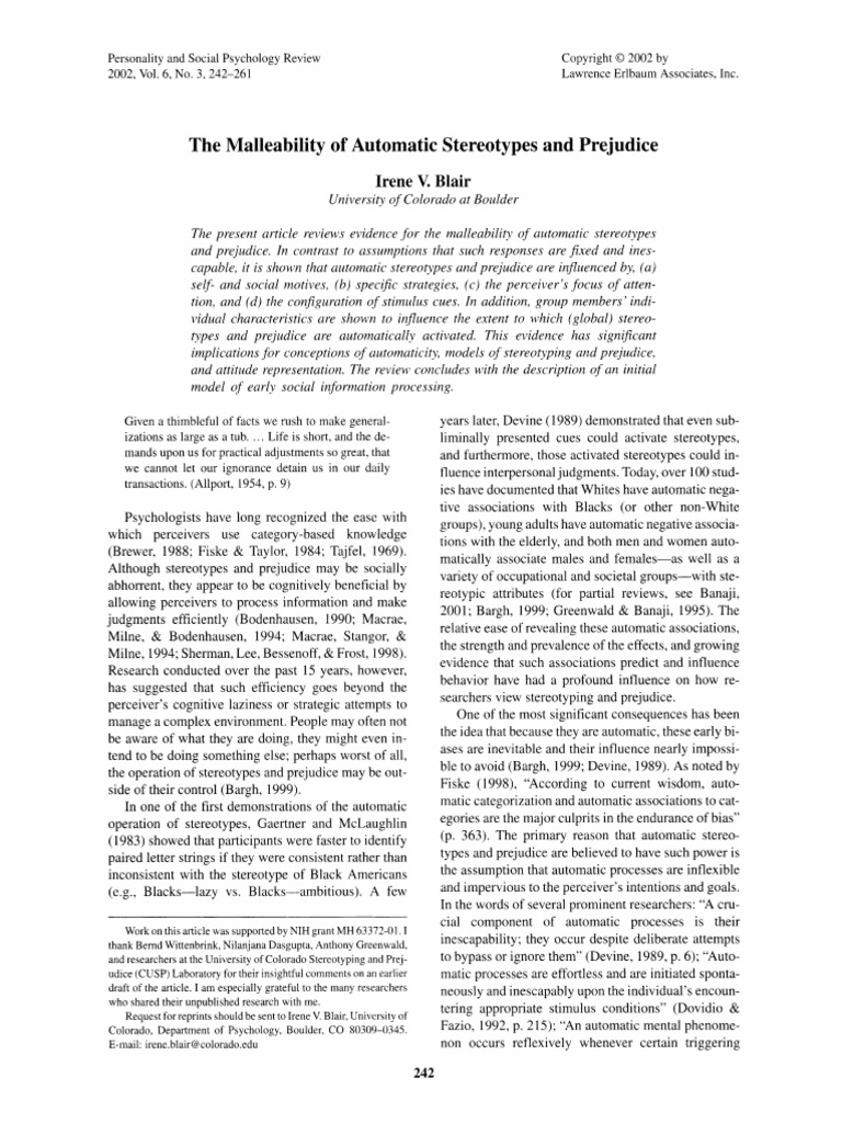 The Malleability of Automatic Stereotypes and Prejudice PDF