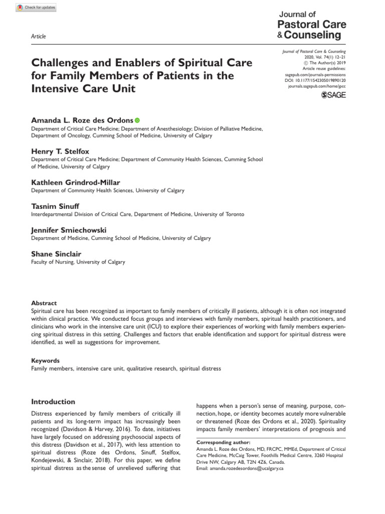 Roze des ordons et al 2020 challenges and enablers of spiritual care