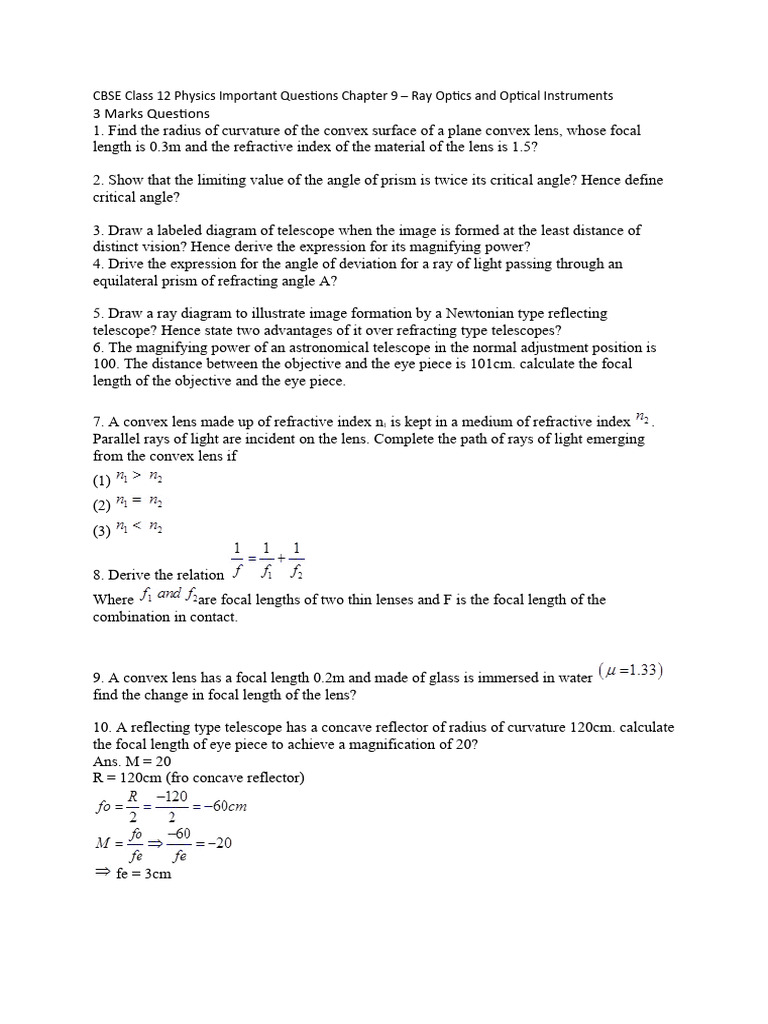 CBSE Class 12 Physics Important Questions Only (3 Marks) of OPTICS