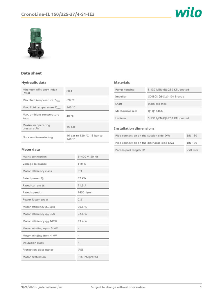 Wilo Datasheet - International - en - 2161331 - Cronoline Il 150 325 37 ...