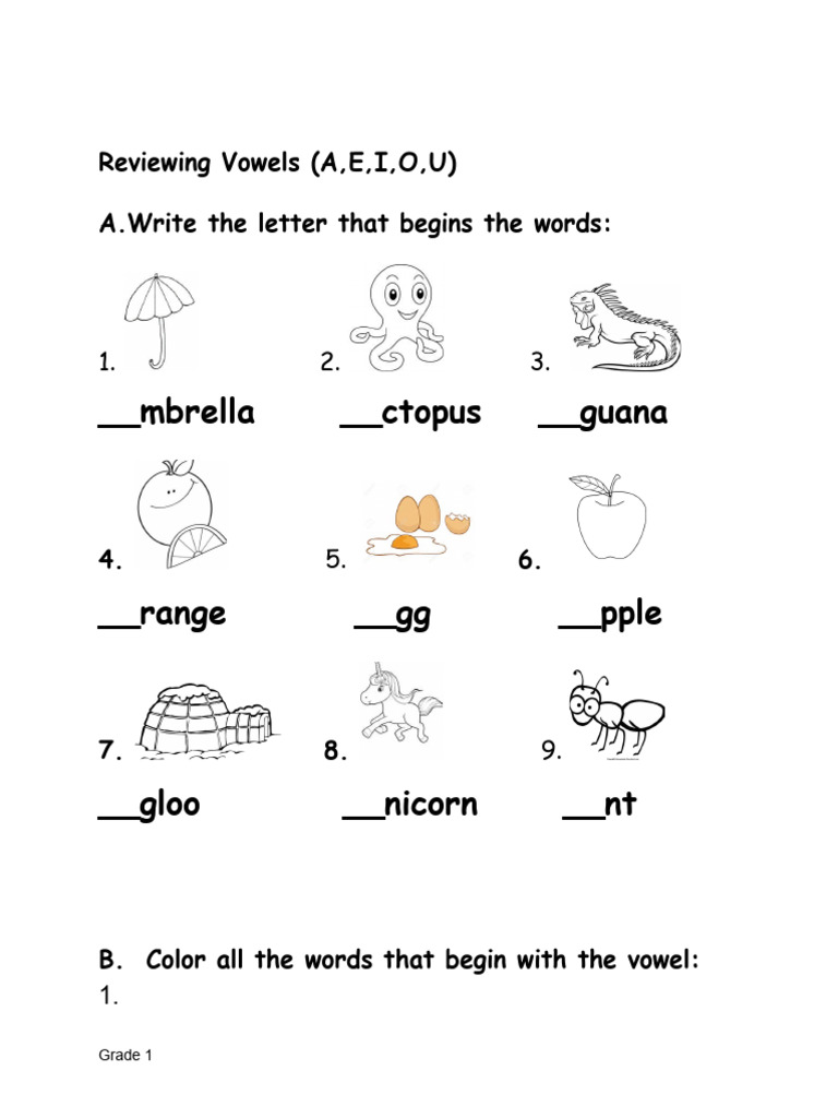 Grade 1 - ReviewoftheVowels | PDF
