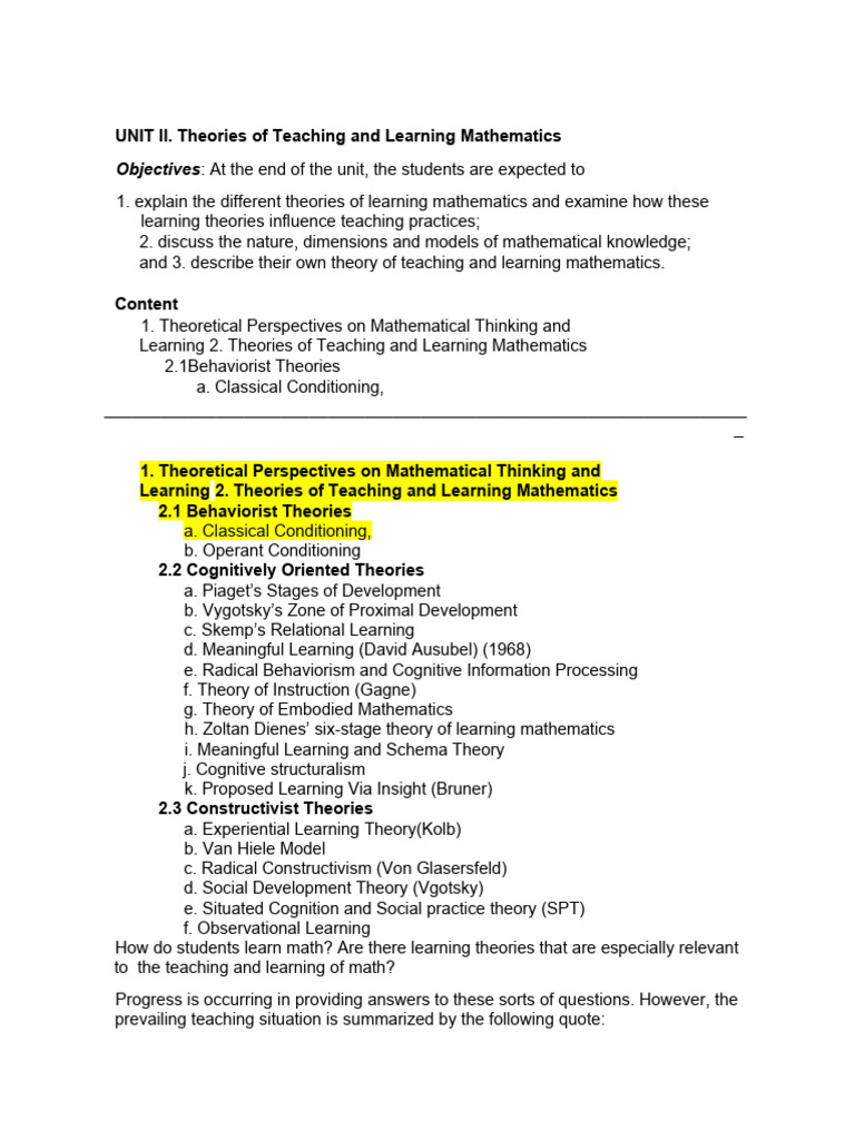 Theories of teaching and learning math pdf classical conditioning