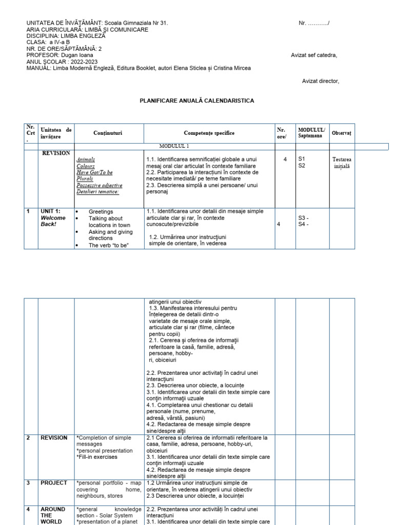 Planificare 4 Si Pe Unitati Si Pe Module | PDF