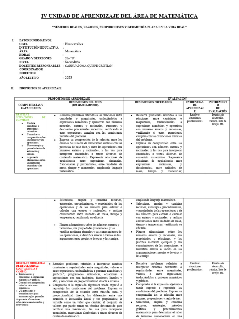I Unidad de Aprendizaje 4 Unidad | PDF