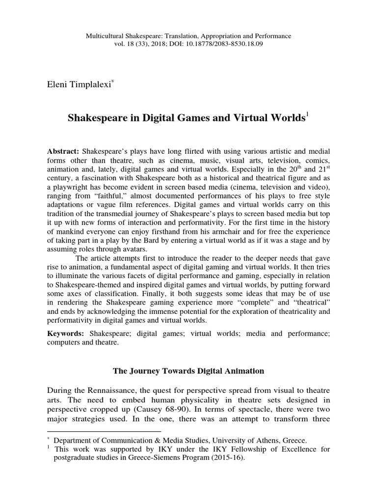 Shakespeare in Digital Games and Video PDF Virtual World Role