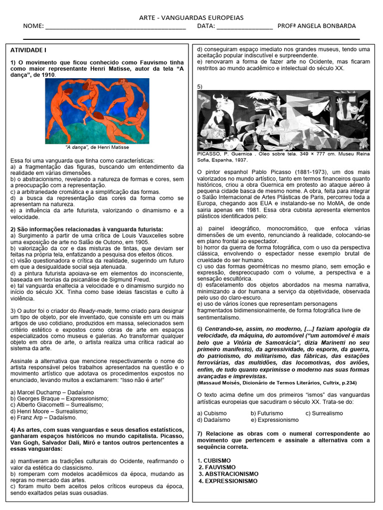 Vanguardas Atividades - Imprimir | PDF | Arte abstrata | Surrealismo