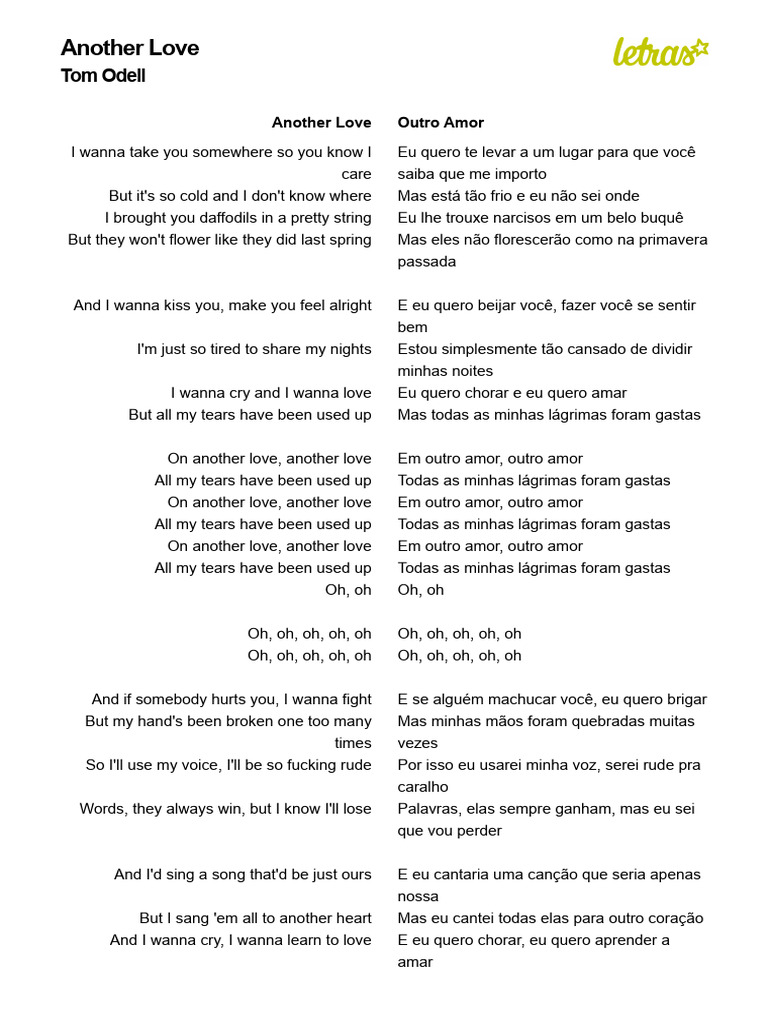 ANOTHER LOVE (TRADUÇÃO) - Tom Odell | PDF | Música gravada | Música pop