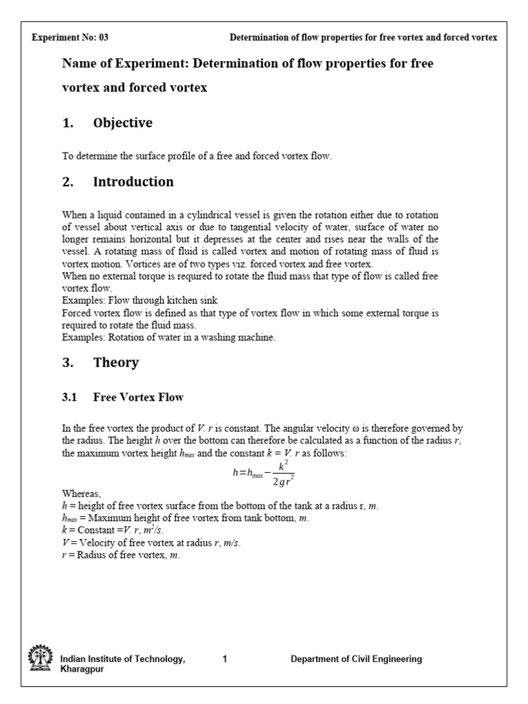 Exp 3 Free and Forced Vortex Download Free PDF Vortices Pump