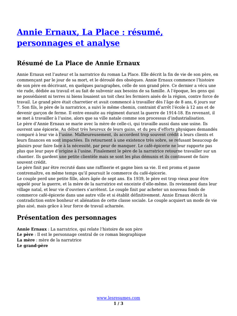 Annie Ernaux La Place Resume Personnages Et Analyse | PDF
