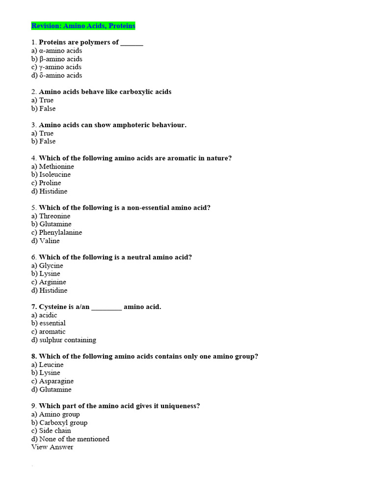 Revision Aminoacids Proteins MCQ Student PDF Amino Acid