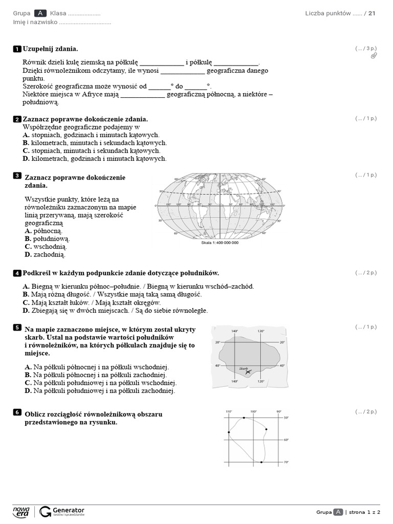 Równania Klasa 6 Karta Pracy Współrzędne Kl. 6 Karta Pracy Na Poprawę | PDF