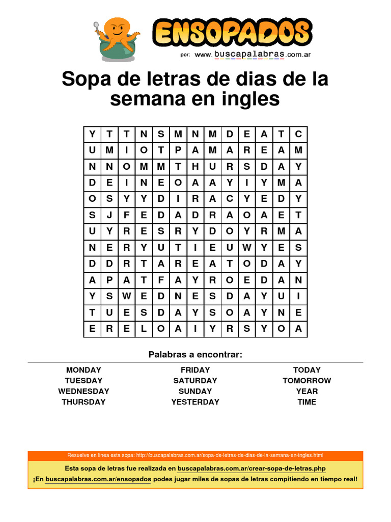 Sopa de Letras: Días de la Semana en Inglés | PDF | Artes del Lenguaje ...