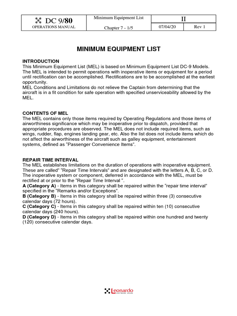 07 Minimum Equipment List PDF Aeronautics Manufactured Goods