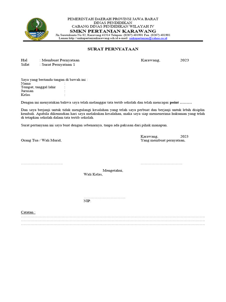 Surat Pernyataan Siswa 1 | PDF