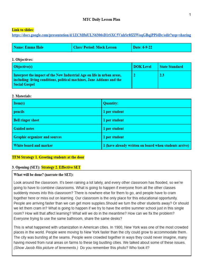 Hull House Mock Lesson Plan 1 PDF
