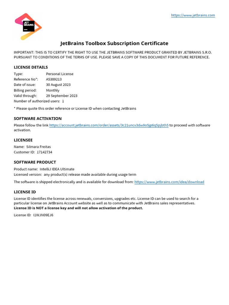 JetBrains IntelliJ IDEA License Certificate | PDF