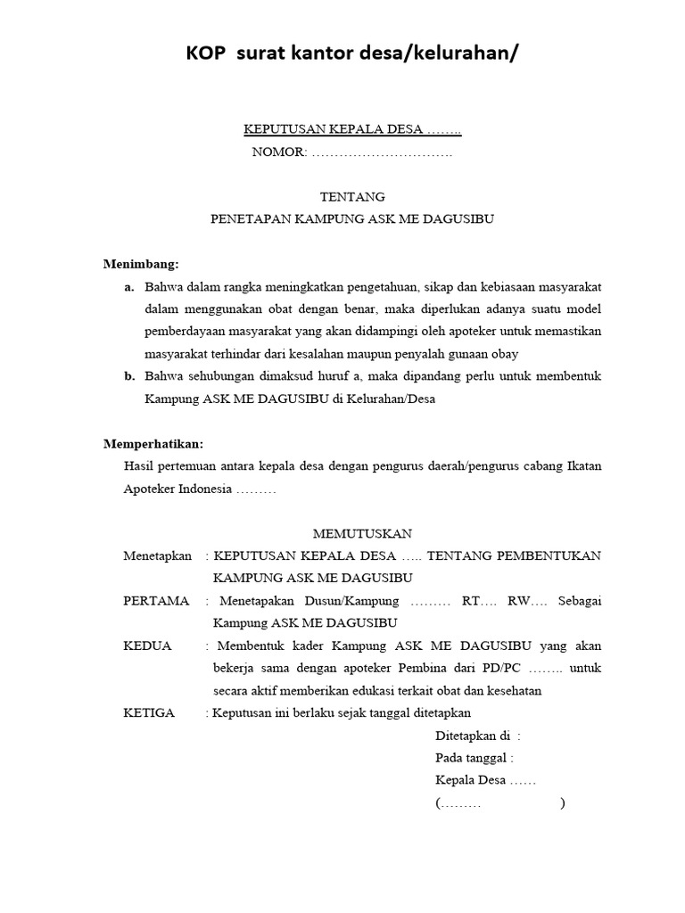 Contoh SK Kampung ASK ME DAGUSIBU KEPUTUSAN KEPALA DESA | PDF