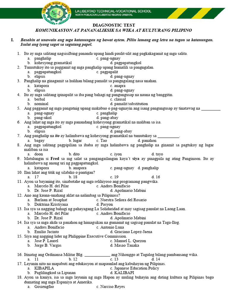 Grade 11 Diagnostic Test PDF