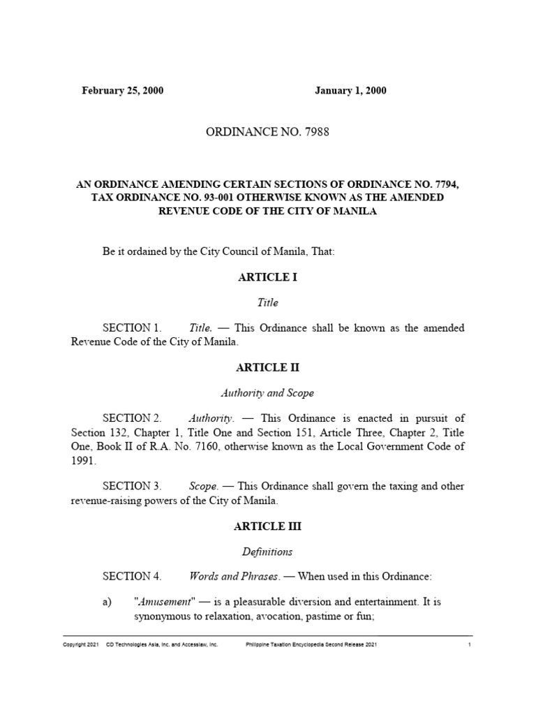 Manila Revenue Code, As Amended (Ordinance No. 7988) PDF Taxes