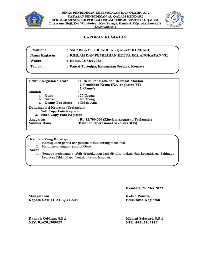 Laporan Kegiatan Rihlah SMPIT Al Qalam | PDF