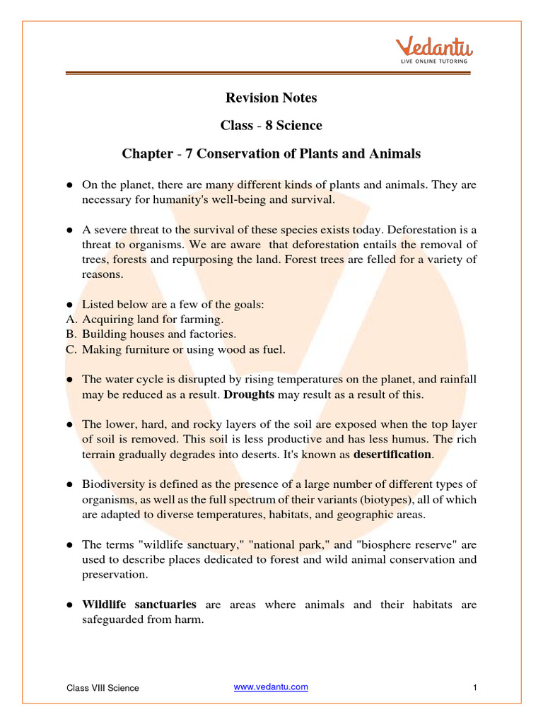 Conservation of Plants and Animals Class 8 Chapter 7 Science Notes Revision Notes Free PDF PDF