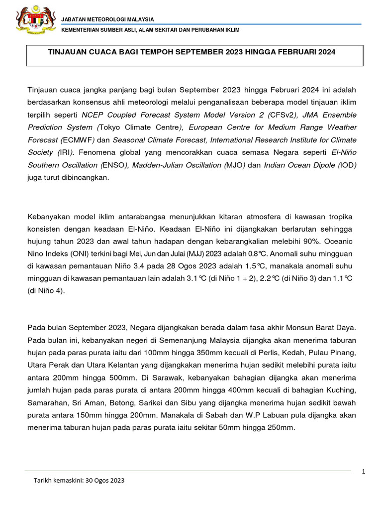 Tinjauan Cuaca Bagi Tempoh September 2023 Hingga Februari 2024 | PDF