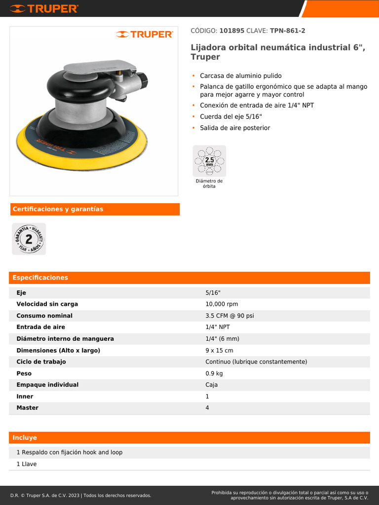 Lijadora orbital neumática industrial 6 , Truper, Lijadora Orbital