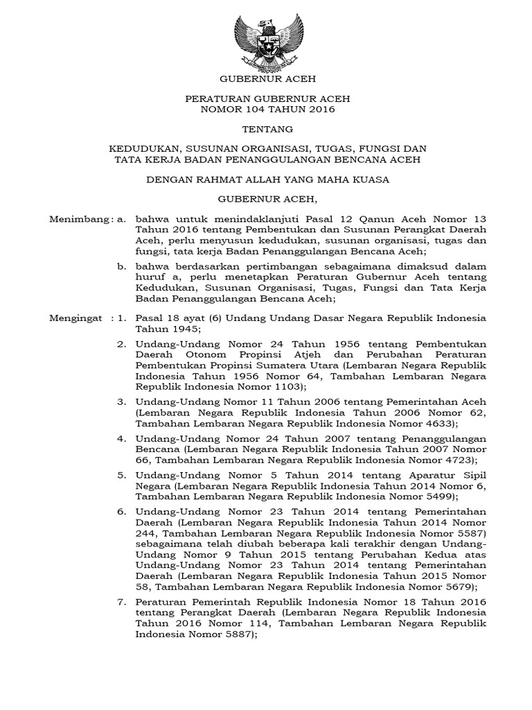 Peraturan Gubernur Aceh tentang BPBA | PDF