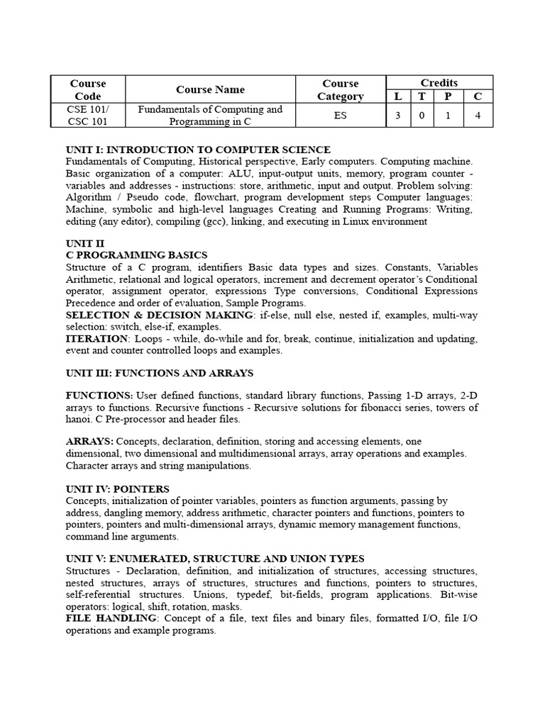 CSE 101: Computing & C Programming | PDF