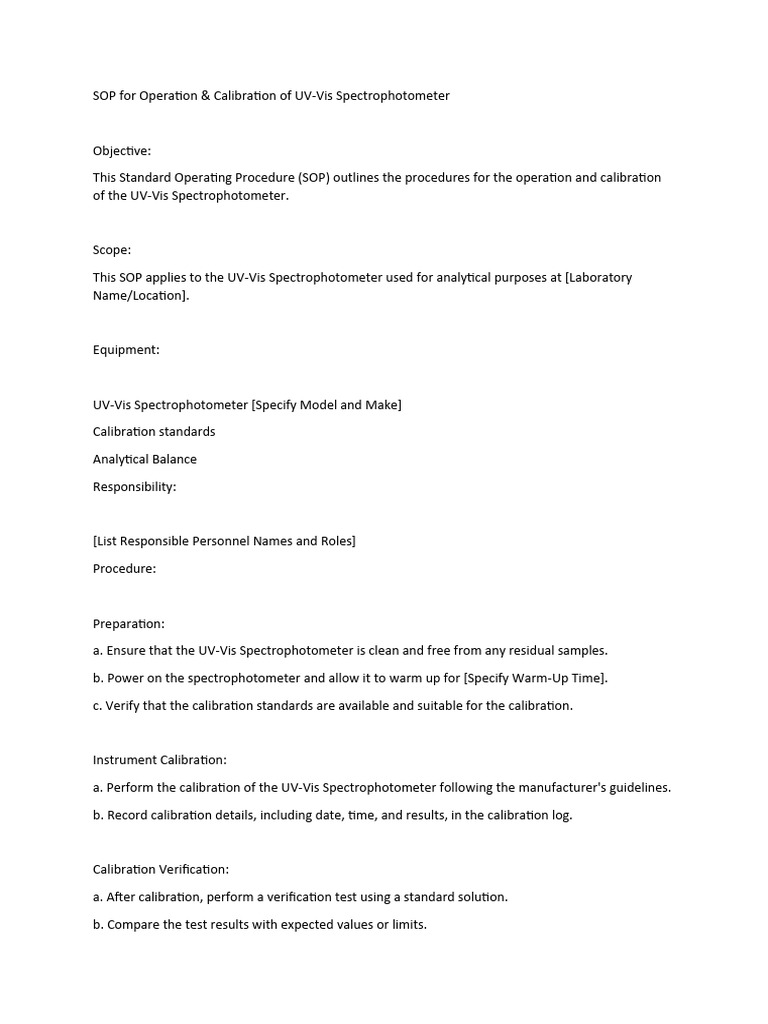 SOP For Operation & Calibration of UVVis Spectrophotometer PDF