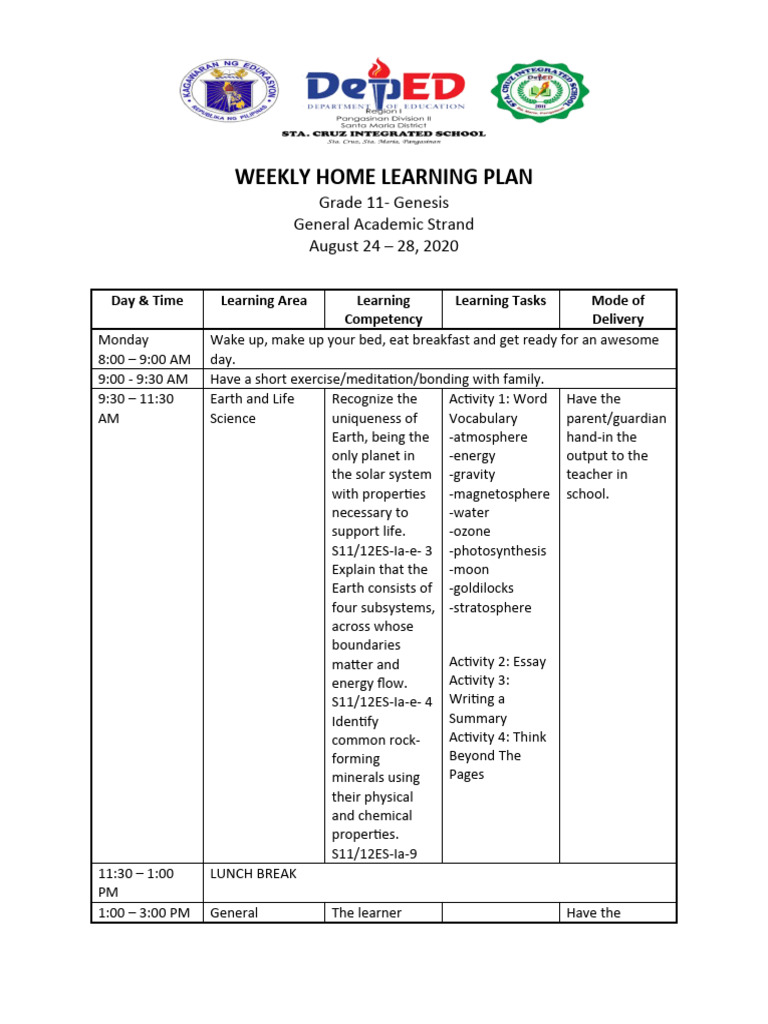 Weekly Home Learning Plan | Download Free PDF | Learning | Cognition