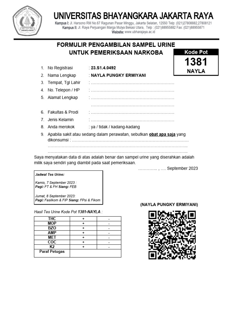 Form Tes Urine-1381-NAYLA 4 | PDF