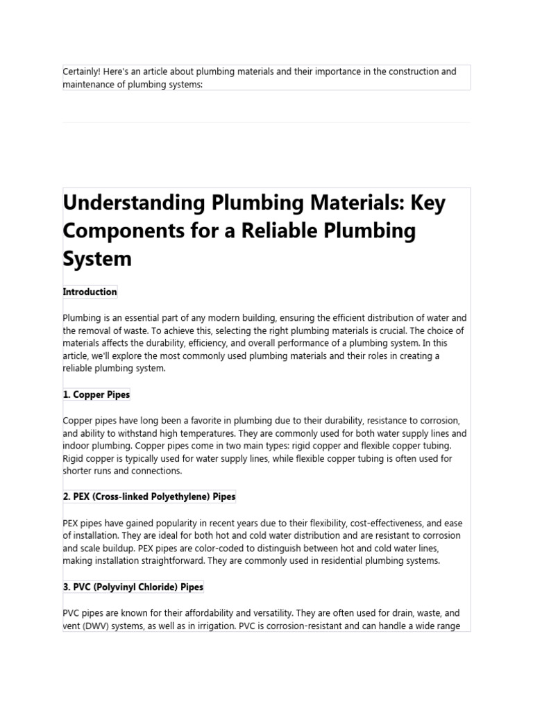 Understanding Plumbing Materials Key Components For A Reliable Plumbing