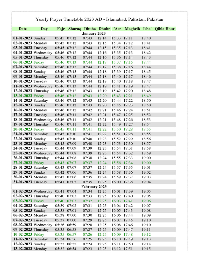 Yearly Prayer Timetable 2023 PDF