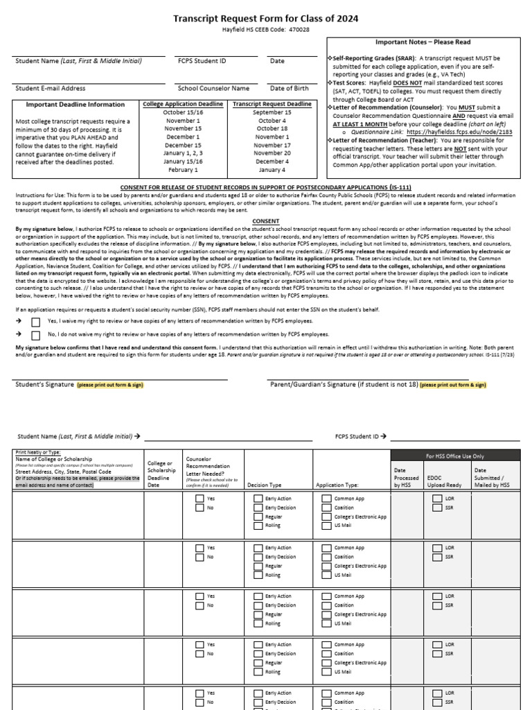 Transcript Request for College Applications | PDF | Social Security ...