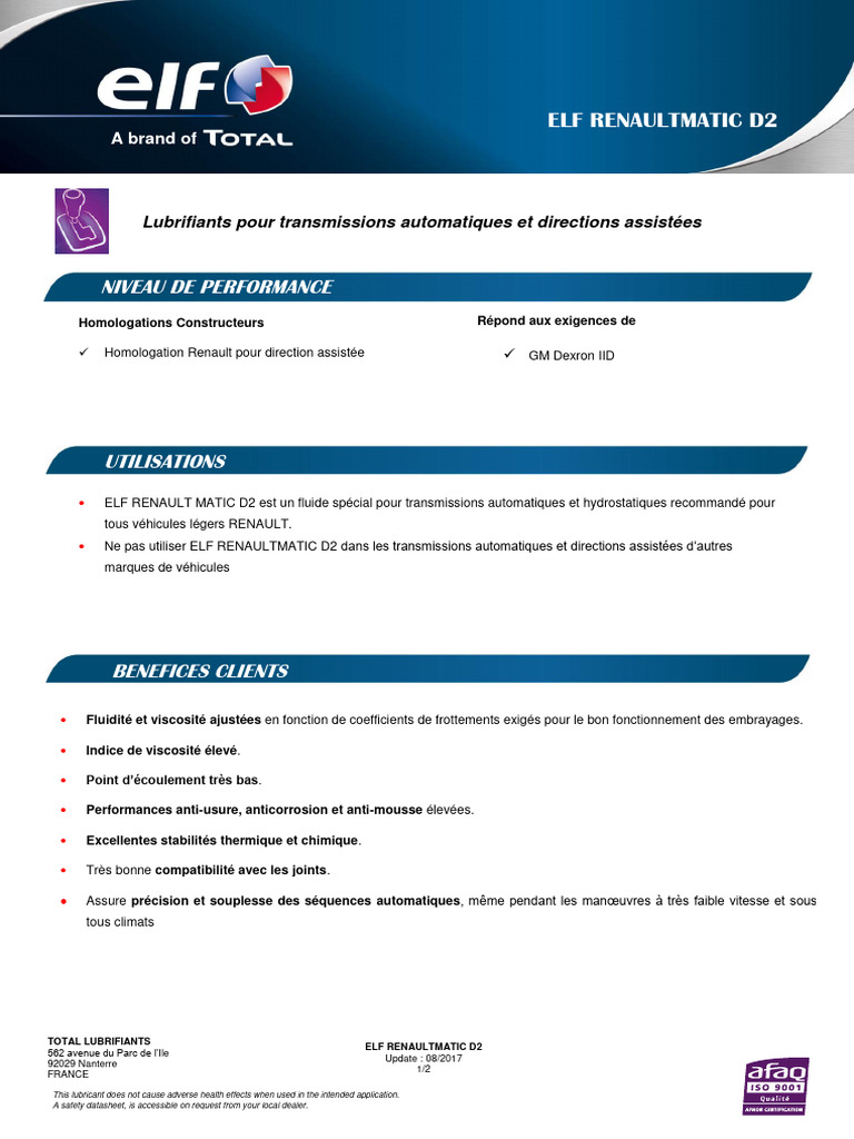 TDS - Elf - Renaultmatic D2 - GSV - 201708 - FR | PDF