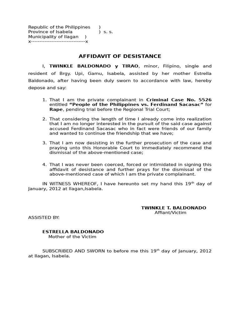 Affidavit of Desistance Sample | PDF | Law