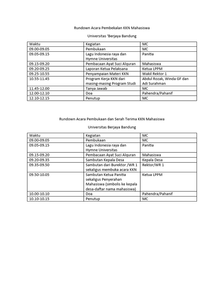 Rundown Acara Pembekalan KKN 2023 | PDF