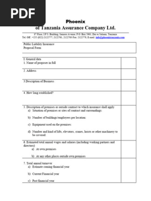 Public Liability Insurance - Proposal form